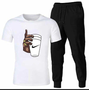 White t-shirt with graphic design and black pants on a white background